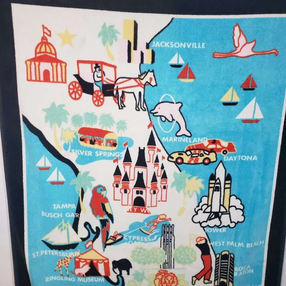 Vintage Souvenir Florida Map Beach Towel Conker Artist Hillary Vermont 90s